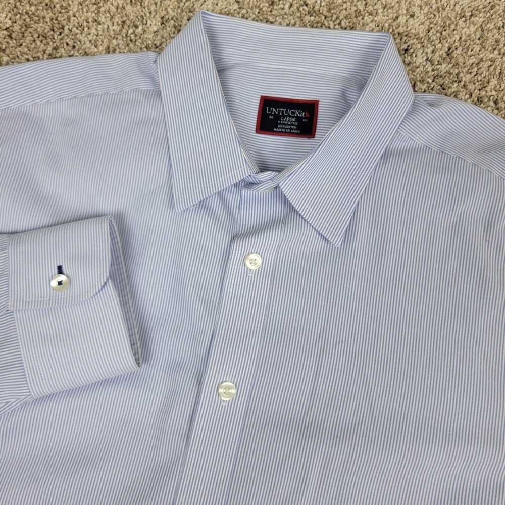 Untuckit Wrinkle Free Mens Large Blue White Striped Button Up Long Sleeve